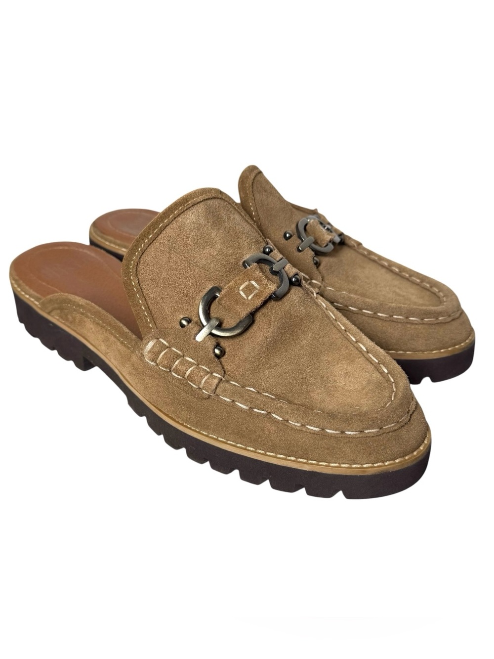 DONALD PLINER Elta Suede Mules Womens 9.5 M Loafers Brown Horsebit Slip Ons
